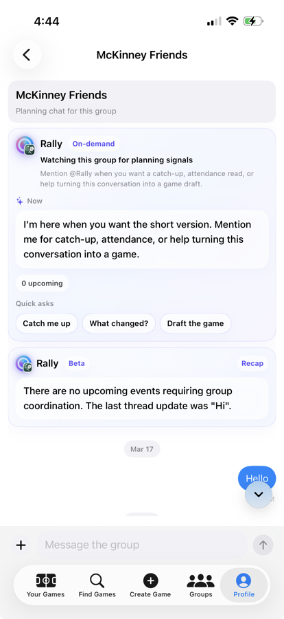 Serve Sports group chat screen