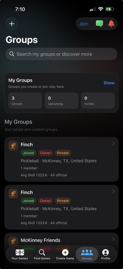 Serve Sports group list with active groups