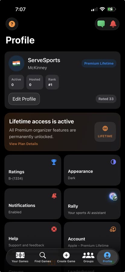 Serve Sports profile screen showing premium lifetime access and account tools