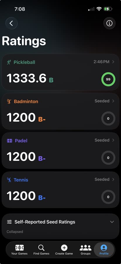 Serve Sports ratings overview in dark mode